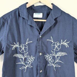Old Navy Embroidered Floral Short Sleeve Camp Shirt Navy Blue Casual Summer Sml